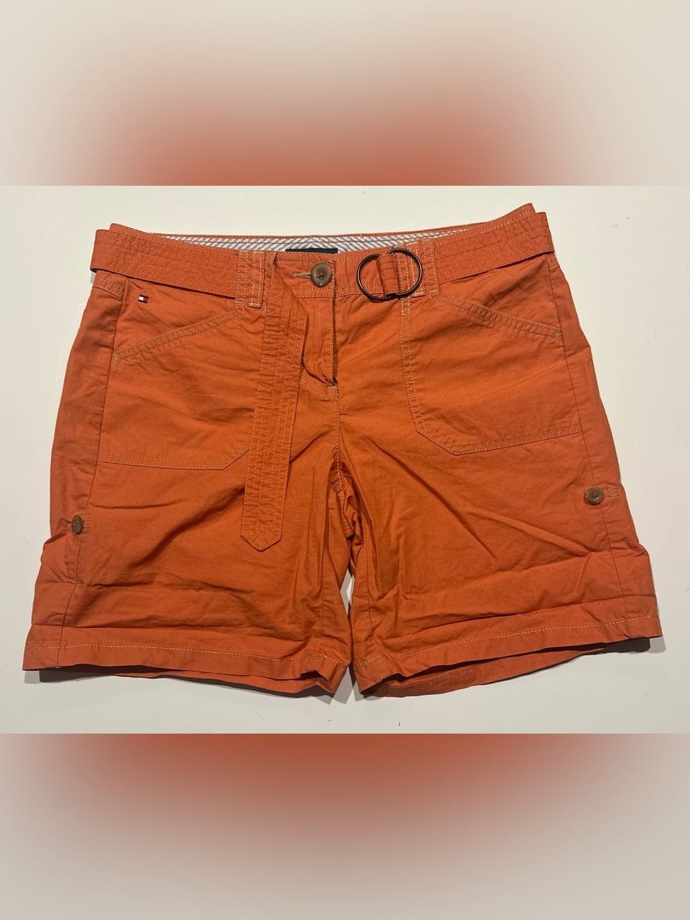 Tommy Hilfiger Shorts Women’s 4 Orange Roll Cuff Hem Pockets Logo Belted Hiking